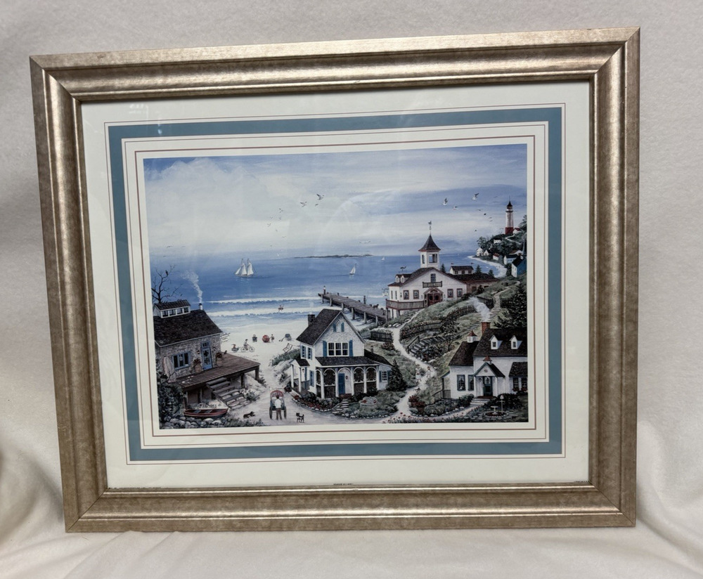 Seaside Village Lighthouse Lithograph Framed Print 19x23 by Mary Ann Vessey
